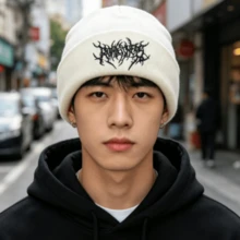 1件休閒哥德風男士刺繡圍巾針織無邊面罩便帽，女款時尚街頭滑雪帽，保暖百搭防寒 - 彩色 - 查看 5