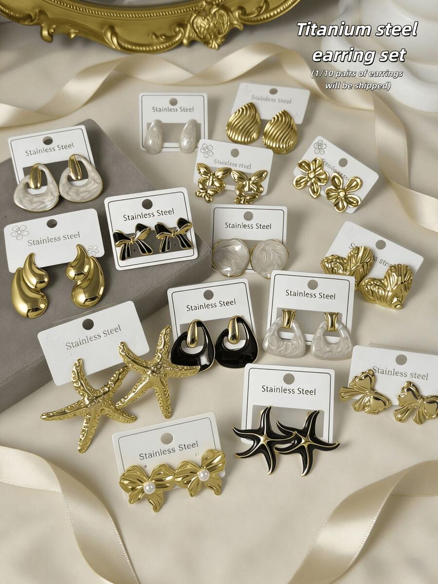 1/10 Pairs Fashionable Novel Stainless Steel Earrings, Handmade Mixed Drip Oil Fruit And Butterfly Pattern Cartoon Style Large Size Stud Earrings Set. Handmade, Varying Thickness And Size.[Made In Dongguan]Random Shipping - Classic Retro Earrings - View 1