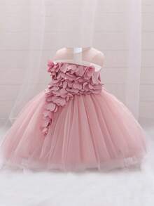 Baby Girls Round Neck Sleeveless Heart Mesh Flower Girl Dress, Headband Not Included - Dusty Pink - View 6