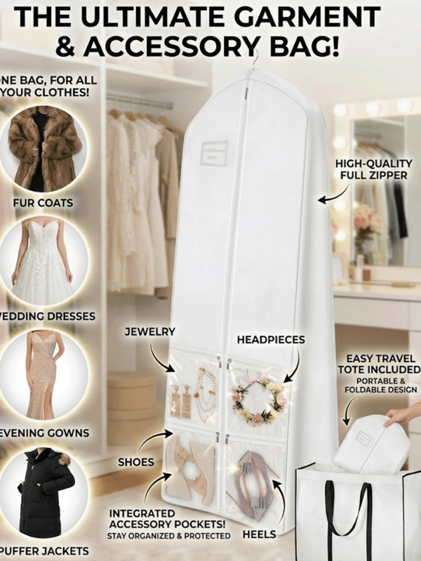 Sleek White Wedding Dress Garment Bag With Clear Pockets Heavy Duty Bridal Gown Cover Protector For Brides Foldable Zip Clothes Protector Ideal For Destination Weddings Dustproof Hanging Storage Bag Closet Organization Supplies