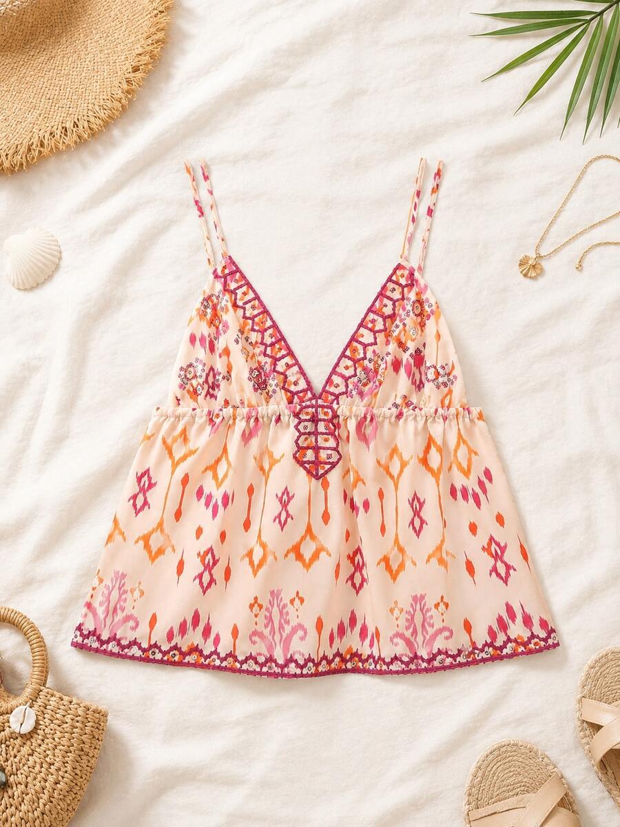 Summer Sequins Embroidered & Printed Camisole, Fashionable For Vacation - Multicolor - View 1