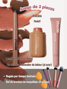 RHODE Set de bálsamo labial Hailey de 3 piezas (incluye delineador de labios, bálsamo labial y rubor). Set de maquillaje. Set de brochas de maquillaje de regalo promocional (6 brochas). Rubor portátil, delineador de labios con péptidos, brillo labial con péptidos. Maquillaje e hidratación para rostro y labios. - pecas+tostada - Ver 1