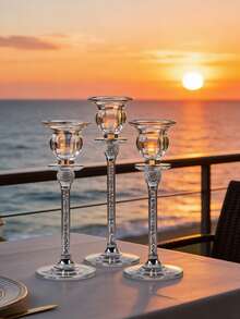 3pcs Crystal Glass Taper Candle Holders Set Goblet Shaped Crushed Crystal Stem Rhinestone Ball Tall Candlestick Stand Different Heights Luxury Table Centerpiece For Wedding Party Dinner Home Decor - Candlestick - View 2