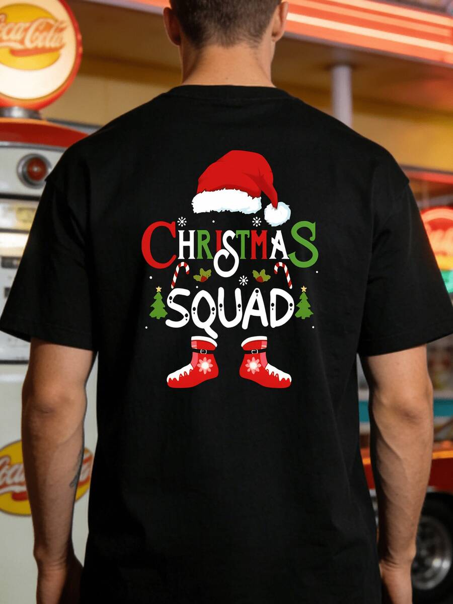 Camiseta Estampada de Navidad para Hombre - Camiseta vintage con temática navideña que presenta un diseño de gorro navideño y copos de nieve, suave y transpirable, de cuello redondo y manga - Negro - Ver 1