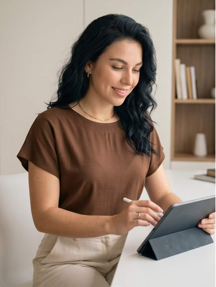 Muriah Basic Blouse, 100% Viscose Fabric, Ideal For Everyday Wear, Perfect Fit - Rust Brown - View 6