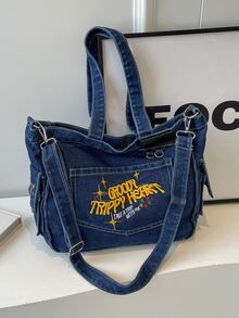 New Fashion Classic Versatile Casual Letter Pattern Decor Design, Embroidery Craft, Large Capacity Shoulder Bag Metal Chain Decor Handbag, Distressed Washed Fabric Women's Backpack, Suitable For Campus Use, Also Suitable For Commuting. - Blue - View 4