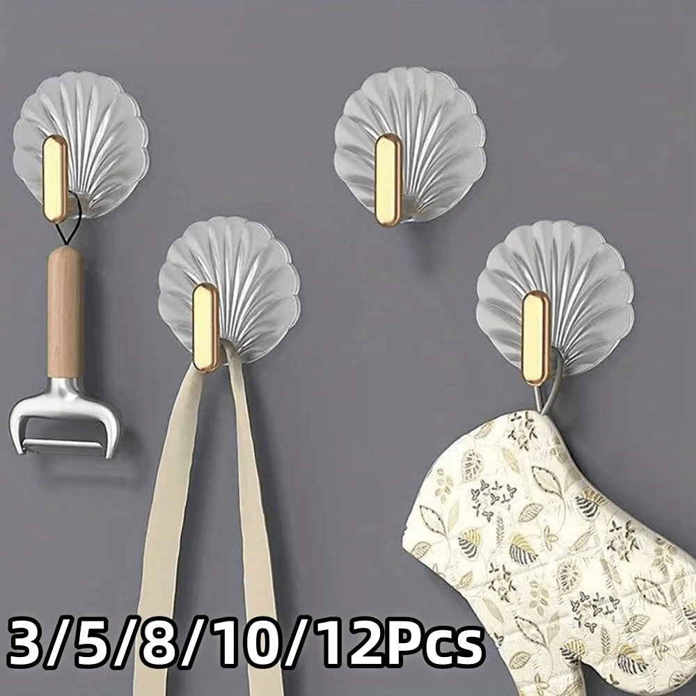 3/5/8/10/12Pcs Shell-Shaped Wall Hooks, Kitchen Bathroom Multi-Functional Drill-Free Hanging Hooks, Clothes Hanger, Home Decor, Adhesive Hooks