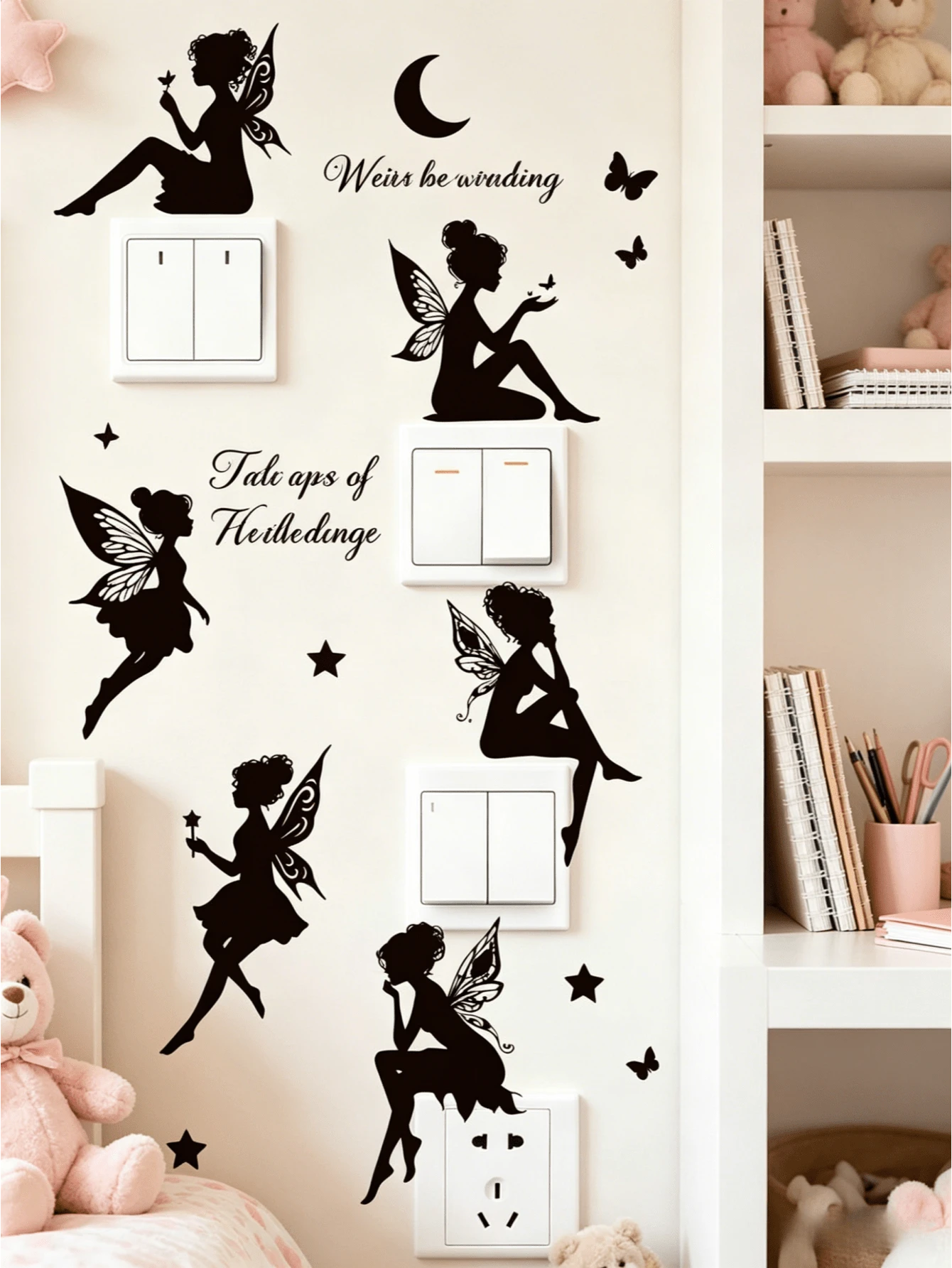 1 Set (6 Stücke) Schwarze Silhouette Feen Schalter Wandaufkleber, PVC selbstklebend abnehmbare Aufkleber mit Schmetterling, Stern, Mondsichel Magie Elementen, Prinzessin Schlafzimmer Steckdosenblende, INS verträumter Märchenstil Mietwohnung Renovierung DIY Wanddekoration - Wandaufkleber - Übersicht 1