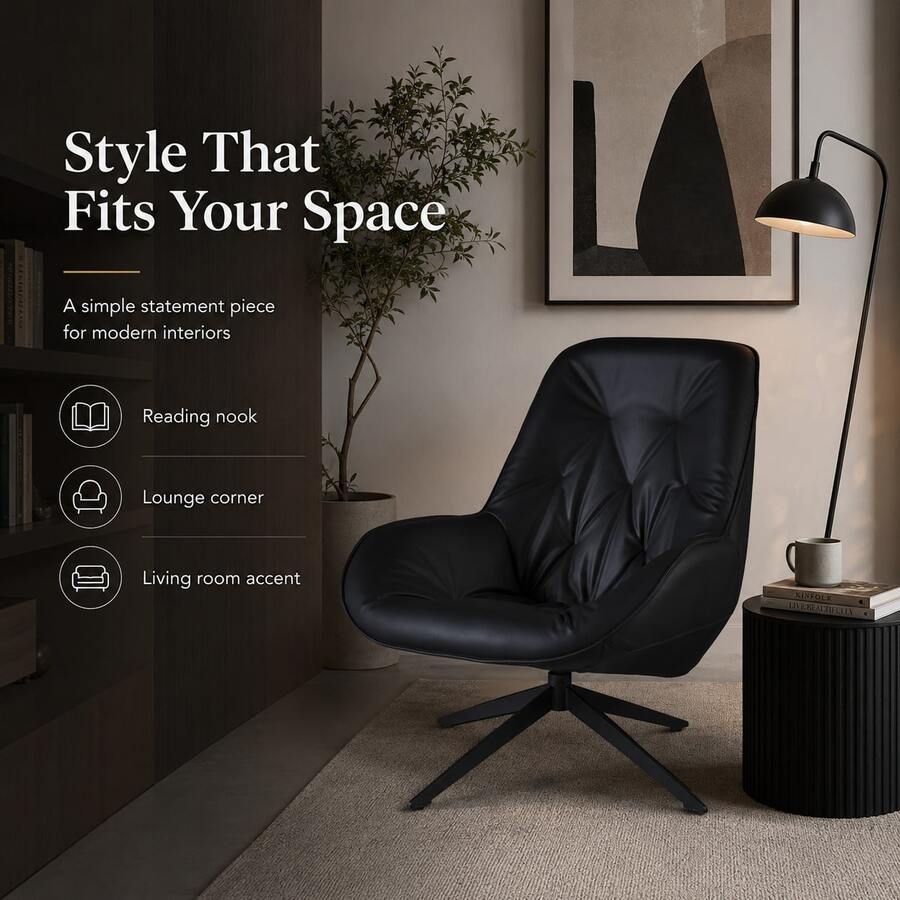 Modern Swivel Single Leisure Chair, Leather Padded High Back Sofa Chair, Black Metal Legs, Suitable For Reception/Reading/Movie Watching - Black - View 1