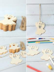 10/20 piezas Decoraciones colgantes de Halloween, adornos de fantasmas de madera en blanco, adecuados para pintura DIY, decoración del hogar para fiestas de Halloween, adecuados para interiores, exteriores, jardín, césped, fiesta, regalo portátil de vacaciones, suministros para fiestas de terror en el hogar - Decoraciones de madera hechas en casa - Ver 2