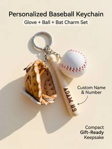 1 Set Mini Baseball Keychain, Sporty PU Leather Baseball Glove Bat Ball Charm, Personalized Name Number Detail, Baseball Team Gift Key Ring - Multicolor - View 1