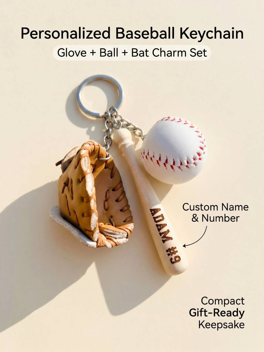 1 Set Mini Baseball Keychain, Sporty PU Leather Baseball Glove Bat Ball Charm, Personalized Name Number Detail, Baseball Team Gift Key Ring - Multicolor - View 1