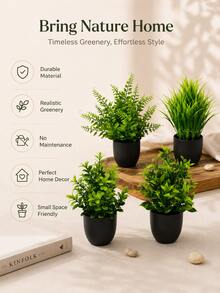 Artificial Mini Potted Green Plant With Faux Leaves And Black Pot; Maintenance-Free No Watering Required, Suitable As Small Decorative Ornament For Indoor Home Environment, Including Desk, Storage Shelf, Kitchen And Bedroom - Multicolor - View 7