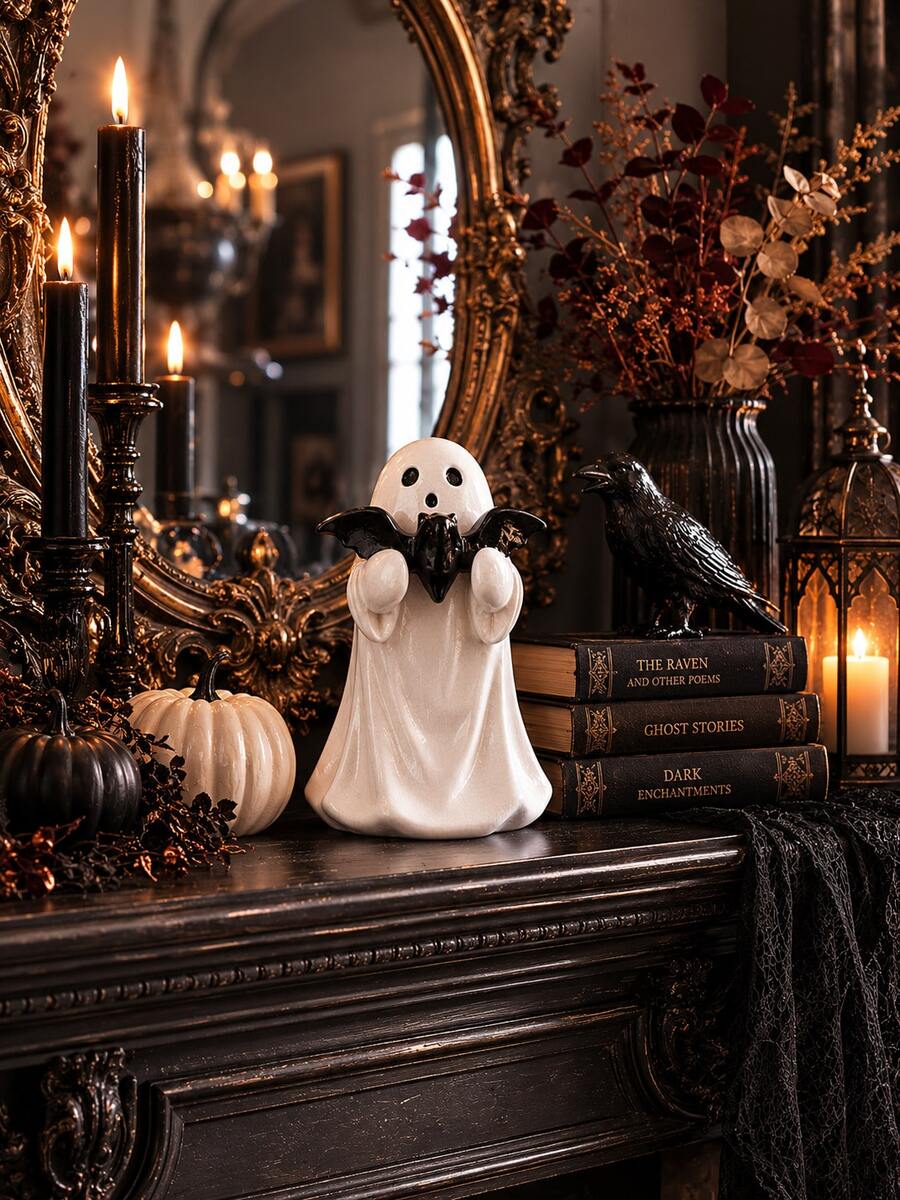 1 Stück süße weiße Geister-Skulptur, die eine schwarze Fledermaus umarmt, Halloween-Dekoration, weicher unheimlicher gotischer Stil Schreibtisch-Ornament, Herbst Bücherregal Kaminmantel Bücherregal Dekoration, Wohnzimmer Schlafzimmer Büro Schreibtisch Akzent, Halloween Party Dekoration Geschenk - B - Übersicht 1