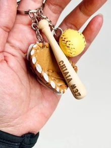 1 Set Mini Baseball Keychain, Sporty PU Leather Baseball Glove Bat Ball Charm, Personalized Name Number Detail, Baseball Team Gift Key Ring - Multicolor - View 6