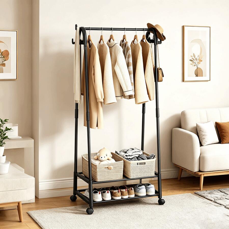 Giá treo quần áo di động đa năng có bánh xe vạn năng + kệ lưu trữ + móc treo, giá treo quần áo đứng sàn dày dặn chắc chắn, phù hợp cho nhiều tình huống - Móc treo quần áo hình tam giác nhiều màu sắc - Xem 1