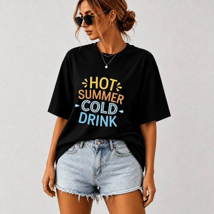 G Studio Playera Oversize Mujer Frase Hot Summer Cold Drink Letras Coloridas Moda Verano Manga Corta Casual Playa - T01-Negro - Ver 1
