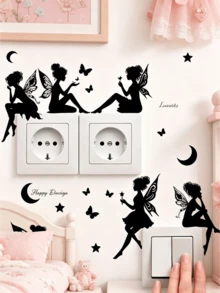 1 Set (6 Stücke) Schwarze Silhouette Feen Schalter Wandaufkleber, PVC selbstklebend abnehmbare Aufkleber mit Schmetterling, Stern, Mondsichel Magie Elementen, Prinzessin Schlafzimmer Steckdosenblende, INS verträumter Märchenstil Mietwohnung Renovierung DIY Wanddekoration - Wandaufkleber - Übersicht 4