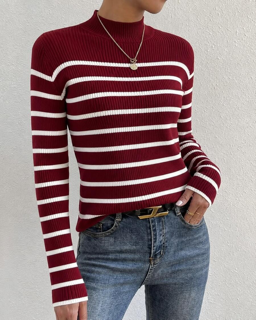 Women's Burgundy And White Striped Knit Sweater, Mid-High Neck, Elegant Office Style, Suitable For Office Occasions, Pairing With Coats, Everyday Wear, Dates - 紅色 - 查看 1