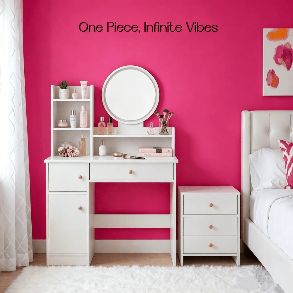 Compact Vanity Desk With Mirror & Lockable Cabinet, 3-Tier Makeup Table With Storage Shelves For Bedroom, Modern Nordic Space-Saving Dressing Table 80*40*130cm - Round Mirror Upgrade - View 1