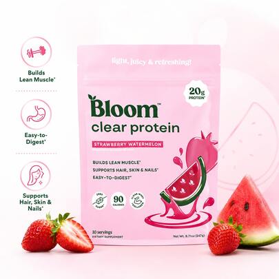 Bloom Clear Protein | Strawberry Watermelon Flavor | 20g Protein, 90 Calories, Zero Sugar | 10 Servings | Builds Lean Muscle, Supports Hair Skin & Nails | Easy-To-Digest Dietary Supplement