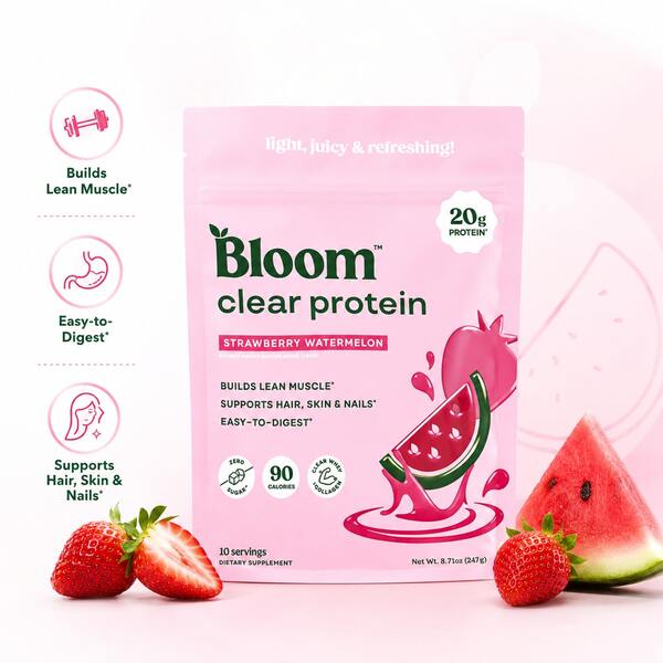 Bloom Clear Protein | Strawberry Watermelon Flavor | 20g Protein, 90 Calories, Zero Sugar | 10 Servings | Builds Lean Muscle, Supports Hair Skin & Nails | Easy-To-Digest Dietary Supplement