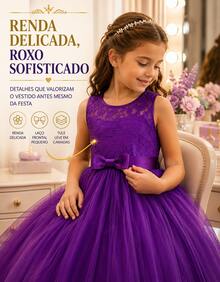 Long Dress For Children, Youth, Party, Flower Girl, Bridesmaid, Wedding, Flower Girl, Debutante, Princess, Miss, Lace With Bow, 3/4 Sleeve, Luxury - 3 To 16 Years - 紫色 - 查看 6