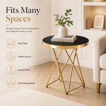 طاولة قهوة دائرية 60 سم، سطح MDF بنمط رخامي لامع، أرجل معدنية هندسية ذهبية، مناسبة كطاولة ديكورية/طاولة جانبية/طاولة طعام صغيرة للاستخدام اليومي - الأسود - مشاهدة 1