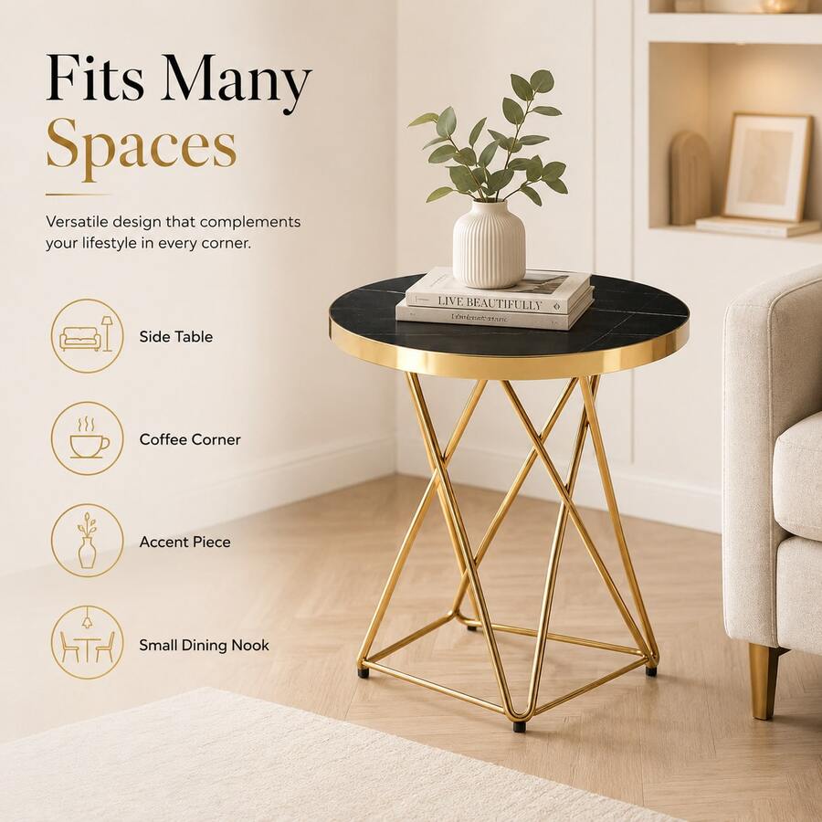 طاولة قهوة دائرية 60 سم، سطح MDF بنمط رخامي لامع، أرجل معدنية هندسية ذهبية، مناسبة كطاولة ديكورية/طاولة جانبية/طاولة طعام صغيرة للاستخدام اليومي - الأسود - مشاهدة 1
