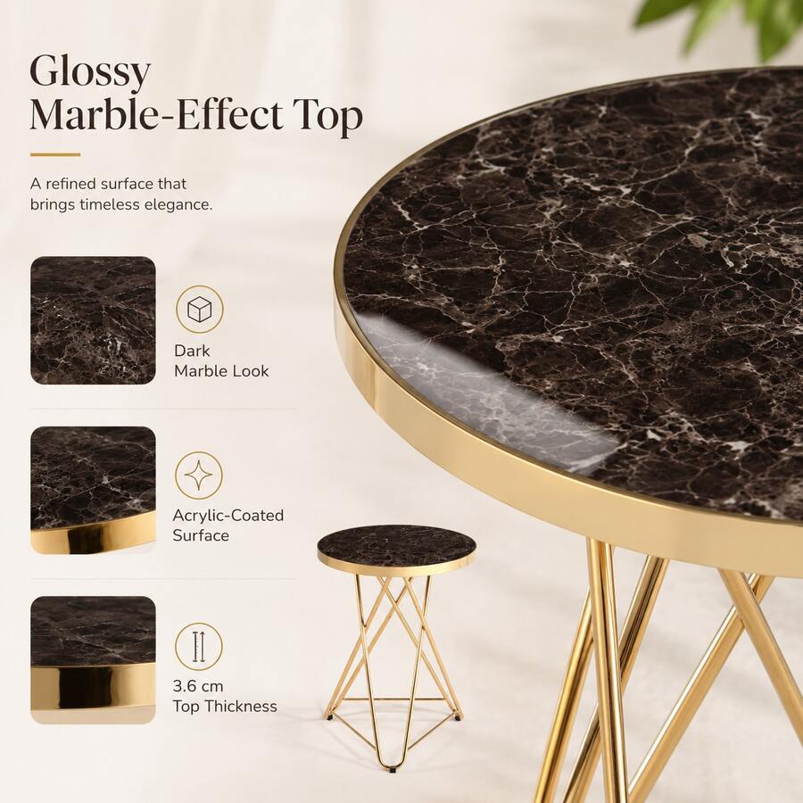 60cm Round Marble Pattern Side Table, Glossy Tabletop With Gold Geometric Steel Base, Black/White/Brown Available, Suitable For Living Room/Bedroom/Coffee Corner - Brown - View 1