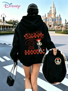 Disney Vintage Western Cowgirl Toy Story Jessie Front Back Checkerboard Print Oversized Hoodie Soft Fleece Casual Streetwear Sweatshirt - Black - View 1