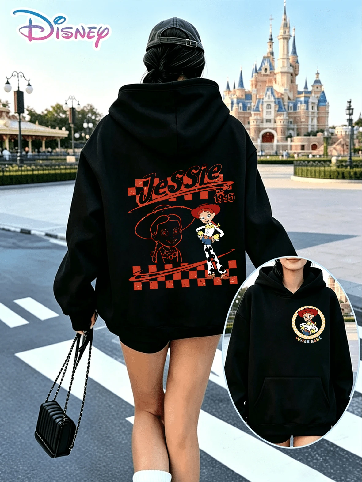 Disney Vintage Western Cowgirl Toy Story Jessie Front Back Checkerboard Print Oversized Hoodie Soft Fleece Casual Streetwear Sweatshirt - Black - View 1