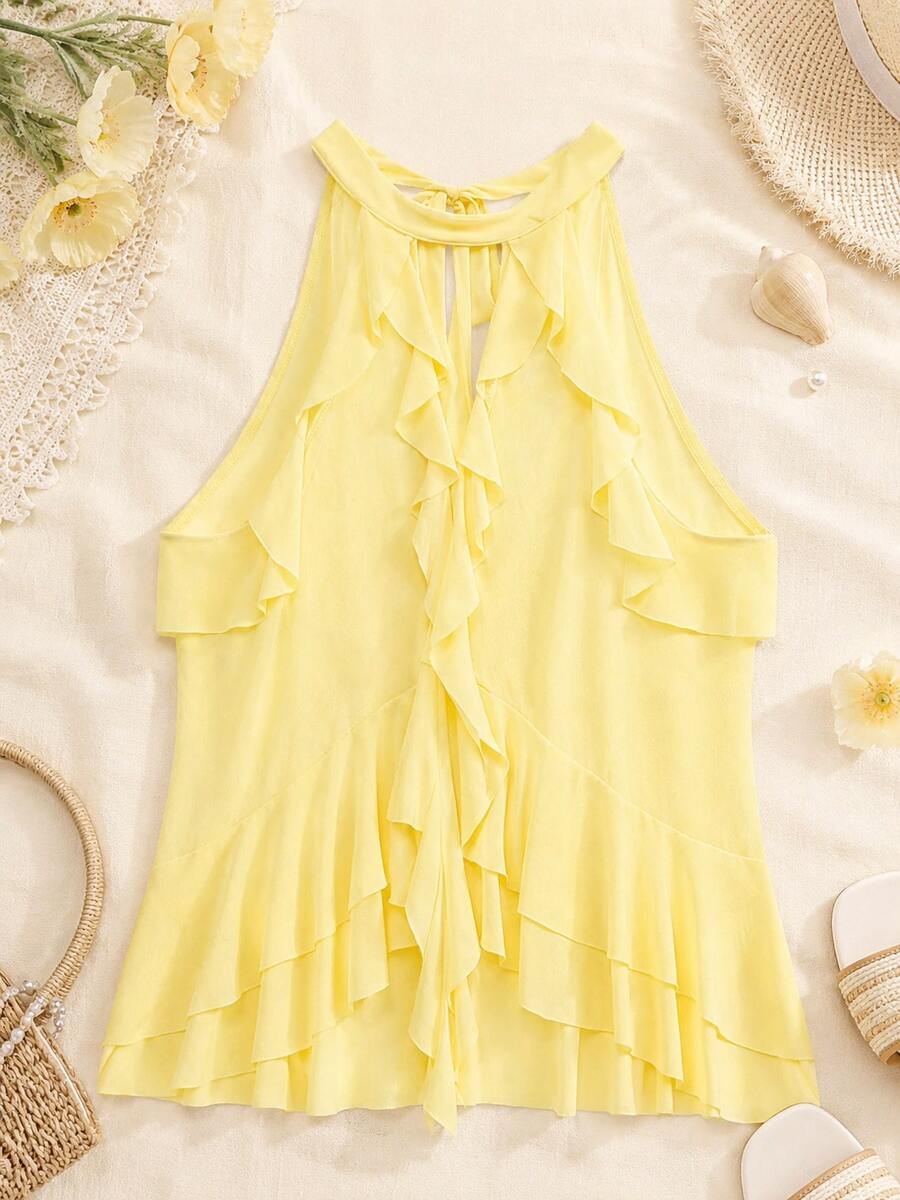 Women's Solid Color Ruffle Neck Layered Sleeveless Top, Summer - Yellow - View 1