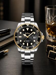 BIDEN 1pc Men's Business Casual Silver Stainless Steel Band Waterproof Luminous Pointer Automatic Date Quartz Watch - Black Gold - View 2