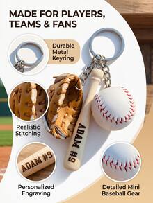 1 Set Mini Baseball Keychain, Sporty PU Leather Baseball Glove Bat Ball Charm, Personalized Name Number Detail, Baseball Team Gift Key Ring - Multicolor - View 2