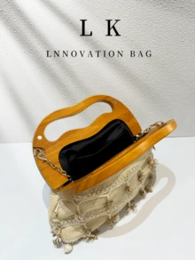 1 pièce Pochette de plage bohème, sac de soirée élégant pour femmes avec décoration florale en perles 3D, poignée en cadre en bois, style vacances d'été, avec chaîne métallique pour sac bandoulière, parfait pour les vacances d'été, les banquets, les mariages et autres occasions - Multicolore - Voir 10