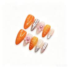 Summer Citrus Press On Nails, Nude To Vibrant Orange Gradient Base With Hand Drawn Line & 3D Pink Flower + Silver Metallic Tip Long Almond Glossy Full Cover Wearable Nails For Vacation Dating Handmade Press On Nails - Orange - View 10