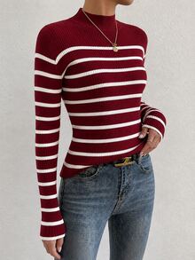 Women's Burgundy And White Striped Knit Sweater, Mid-High Neck, Elegant Office Style, Suitable For Office Occasions, Pairing With Coats, Everyday Wear, Dates - 紅色 - 查看 3
