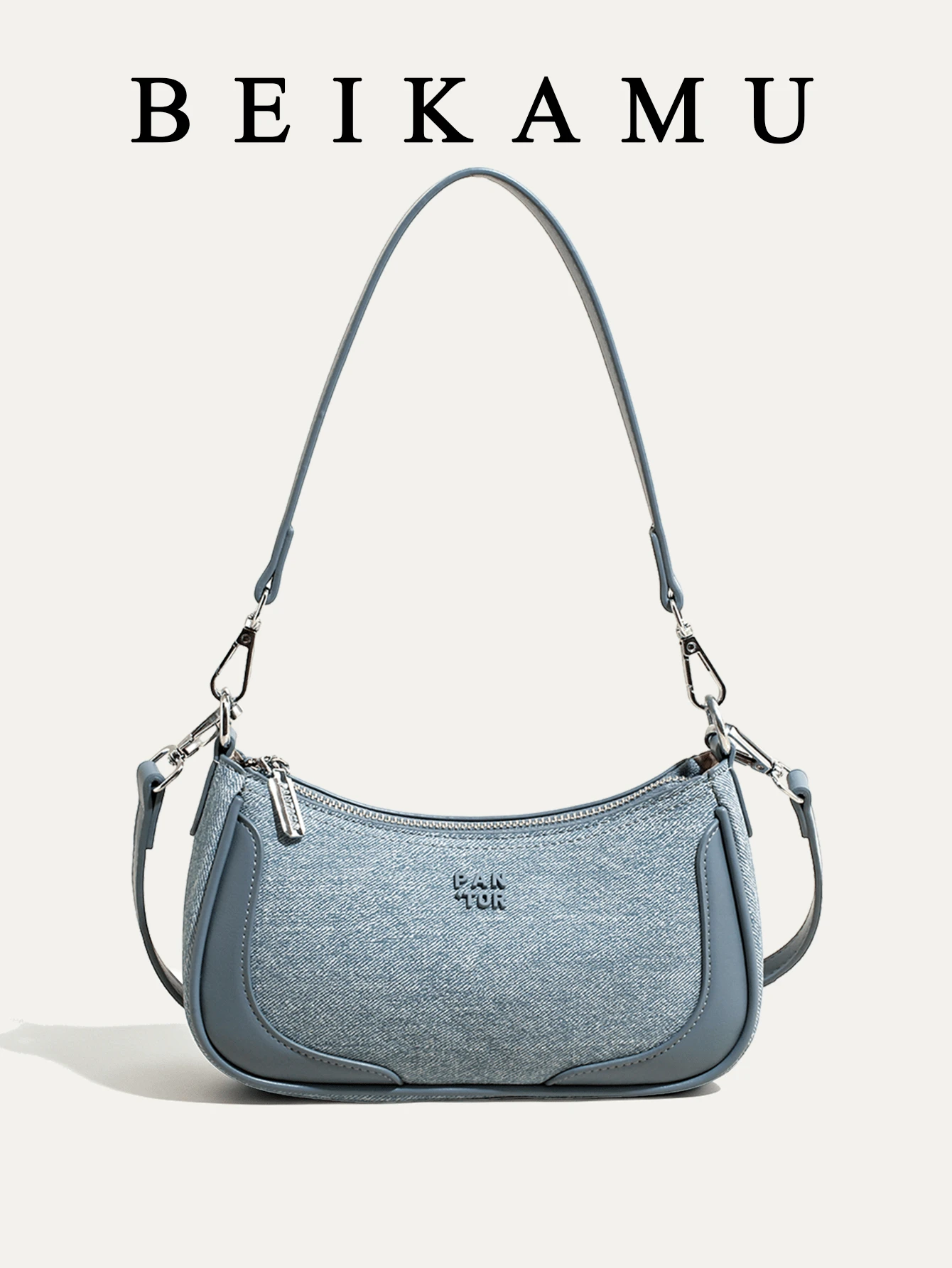 1 buah Tas Bahu Wanita Bahan PU Warna-Blok, Tas Serbaguna untuk Kerja dan Perjalanan, Tas Selempang dengan Tali yang Dapat Diatur - Dusty Blue - View 1