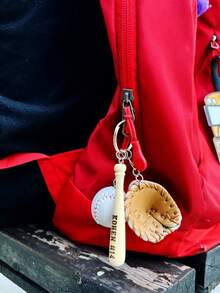 1 Set Mini Baseball Keychain, Sporty PU Leather Baseball Glove Bat Ball Charm, Personalized Name Number Detail, Baseball Team Gift Key Ring - Multicolor - View 8