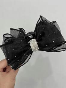 1pc Women's Oversized Bow Hair Claw Clip, Black/Grey Tulle Layered Bow Hair Clip With Rhinestone Center, Strong Grip, Suitable For Updo Hairstyles, Daily Wear, Wedding, Party, Date, Summer Outings, Also As Holiday Gift - Multicolor - View 9