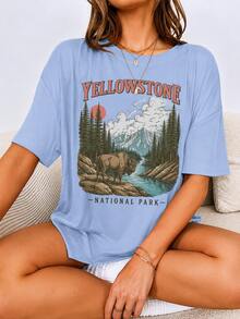 Tops Vintage  National Park T-Shirt  Retro American National Park Tee, Fashion Granola Girl, Oversized Graphic Tops Apparel Graphic Tees Women - 藍色 - 查看 1