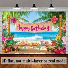 2D Flat Banner1 Piece Of Tropical Hawaiian Beach Birthday Party Backdrop - Featuring Vibrant Palm Trees, Colorful Flowers, Seascapes And A "Happy Birthday" Banner. Perfect For Summer Celebrations, Photo Props And Party Decorations. - View 8