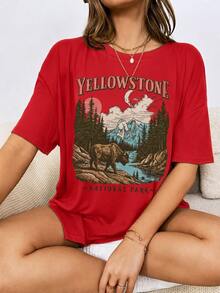Tops Vintage  National Park T-Shirt  Retro American National Park Tee, Fashion Granola Girl, Oversized Graphic Tops Apparel Graphic Tees Women - 紅色 - 查看 1