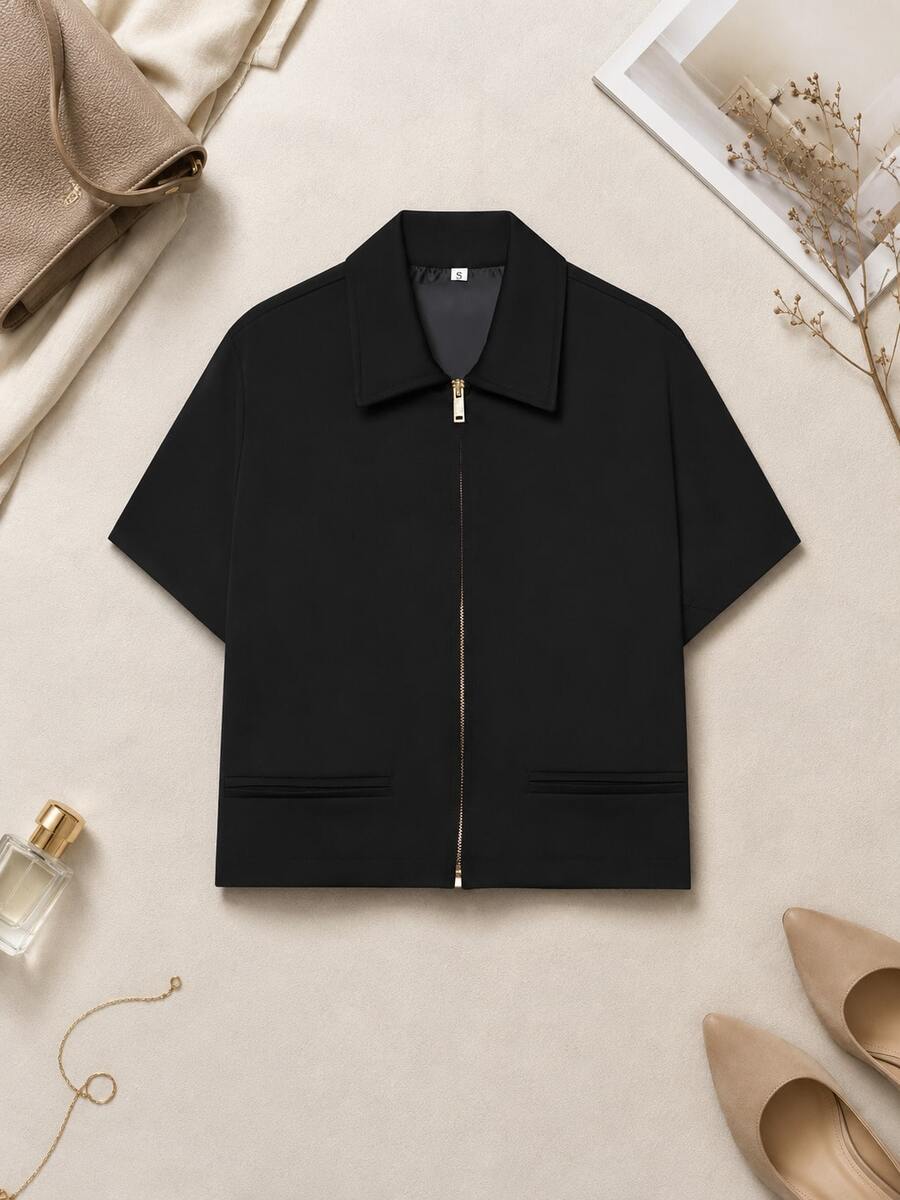 Blusa de manga corta con cuello polo de unicolor, negro para primavera/verano - Negro - Ver 1