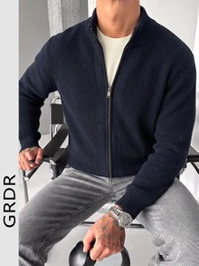 GRDR 男士圆领长袖立领双排扣开衫毛衣，日常百搭 - 藏蓝色 - 查看 6