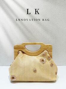 1 pièce Pochette de plage bohème, sac de soirée élégant pour femmes avec décoration florale en perles 3D, poignée en cadre en bois, style vacances d'été, avec chaîne métallique pour sac bandoulière, parfait pour les vacances d'été, les banquets, les mariages et autres occasions - Multicolore - Voir 2