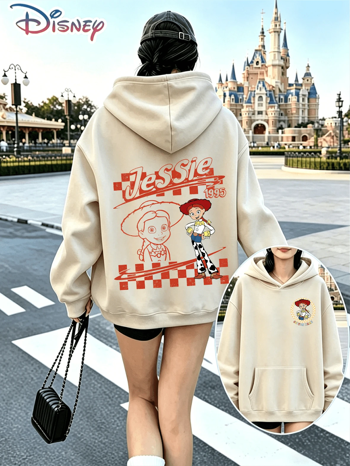 Disney Vintage Western Cowgirl Toy Story Jessie Front Back Checkerboard Print Oversized Hoodie Soft Fleece Casual Streetwear Sweatshirt - 杏色 - 查看 1