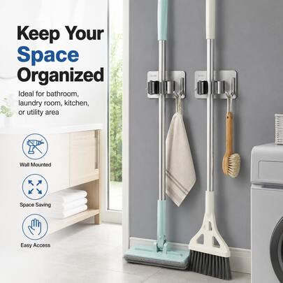 Móc treo chổi inox 304, giá treo chổi không khoan, kẹp chổi dán tường, kệ lưu trữ sắp xếp đồ dùng