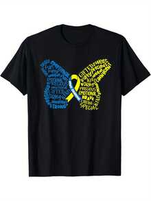 Camiseta del Mes de Concientización sobre el Síndrome, con diseño de síndrome y trisomía 21/21+ - blanca con estampado de mariposas azules y amarillas y piezas de rompecabezas, camiseta casu - Negro - Ver 1